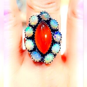 Ethiopian Opal & Carnelian Sterling Silver Gemstone Ring, Custom Made